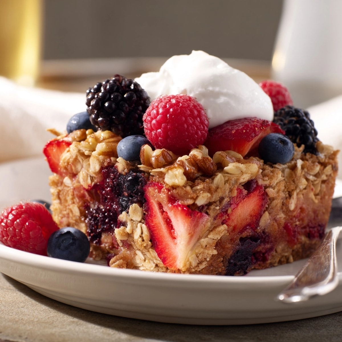 Golden brown Berry Oatmeal Bake, dotted with juicy blueberries, ready for a satisfying breakfast.
