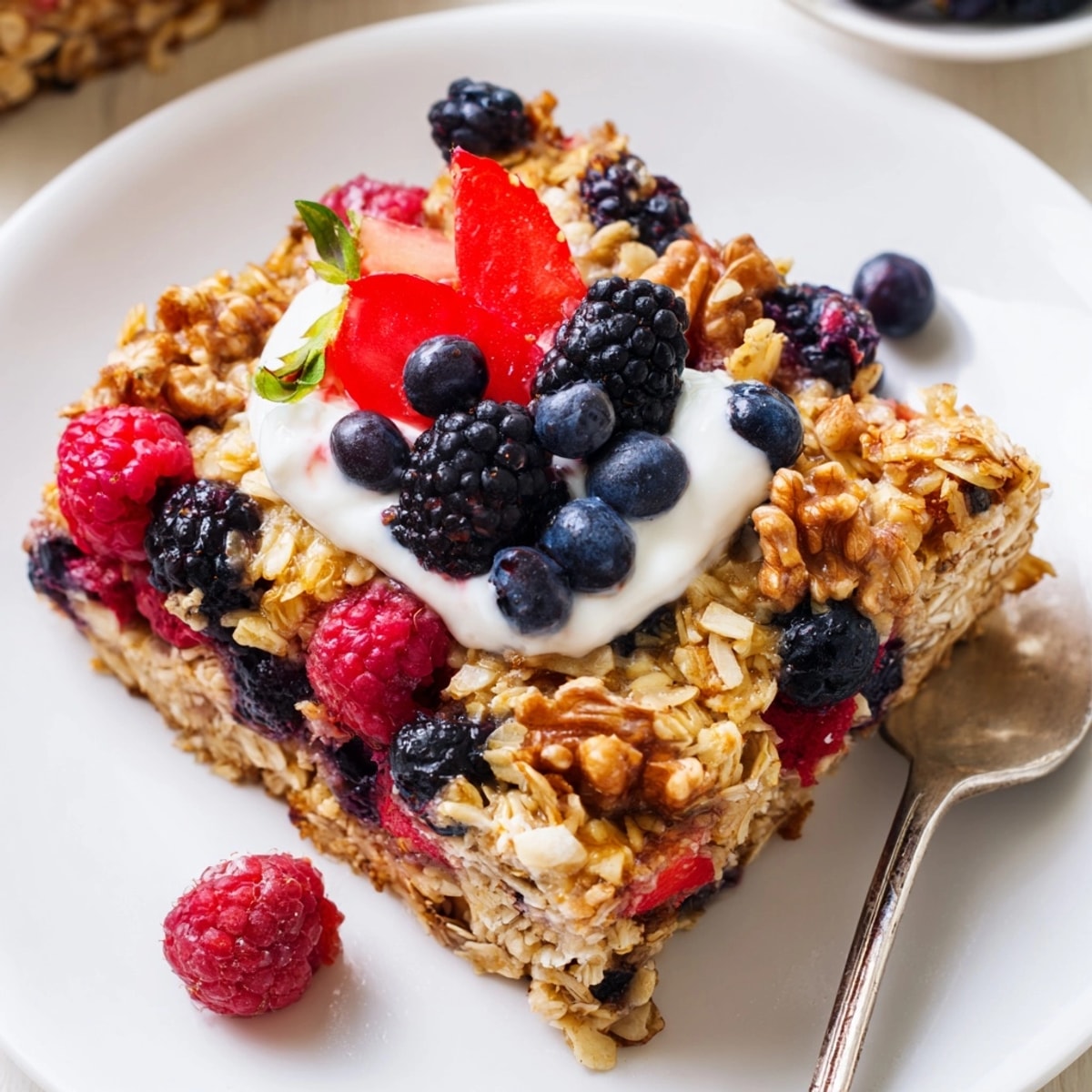 A slice of comforting Berry Oatmeal Bake, a fruity breakfast casserole with a touch of maple.