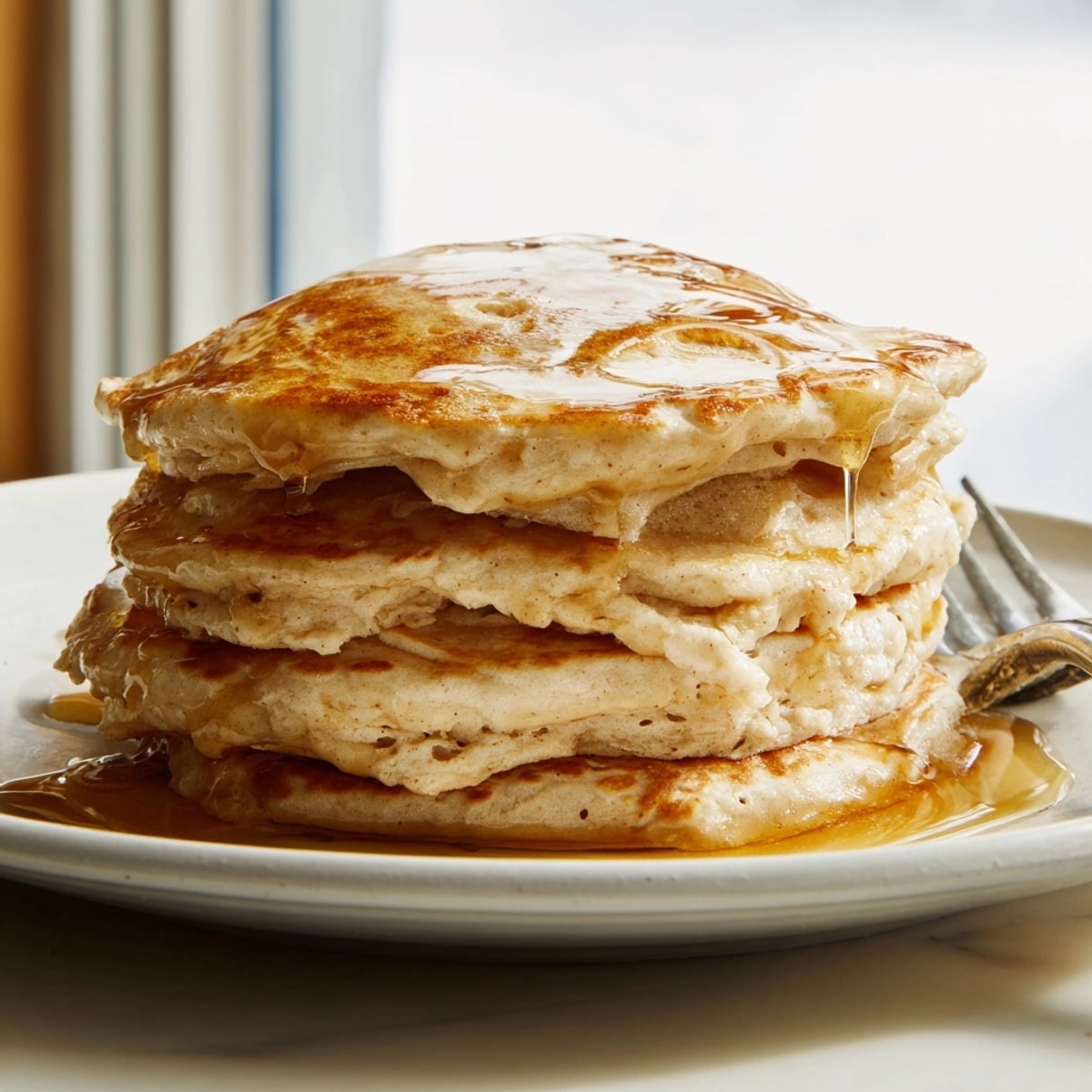 Golden Maple Protein Pancakes stacked high, ready for a syrup drizzle and tasty breakfast.