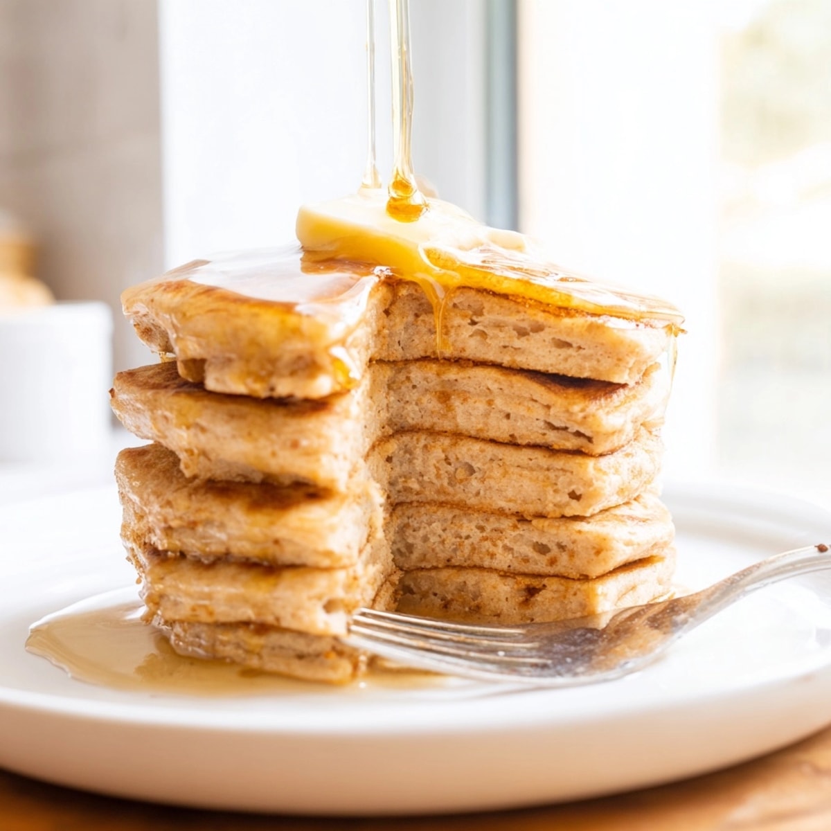 Warm, homemade U.S. style Maple Protein Pancakes, cooked golden until perfectly soft textured.