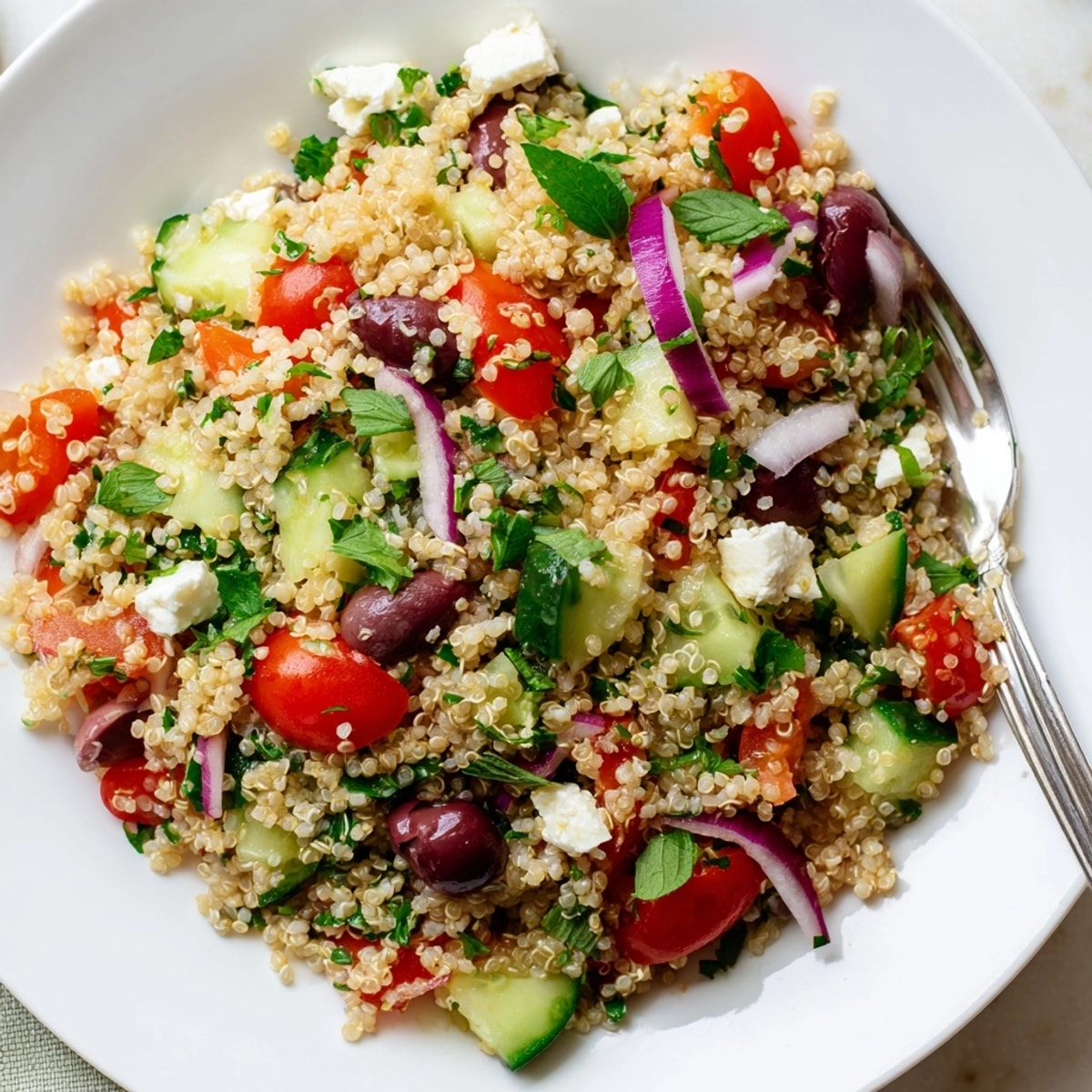 Close-up of a colorful Mediterranean Quinoa Salad, showcasing fresh veggies and crumbled feta.