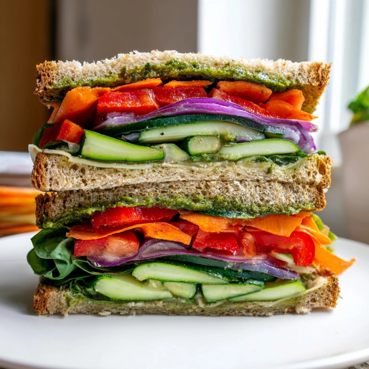 Stacked Veggie Pesto Sandwich: A colorful, open-faced vegetarian sandwich brimming with fresh ingredients.