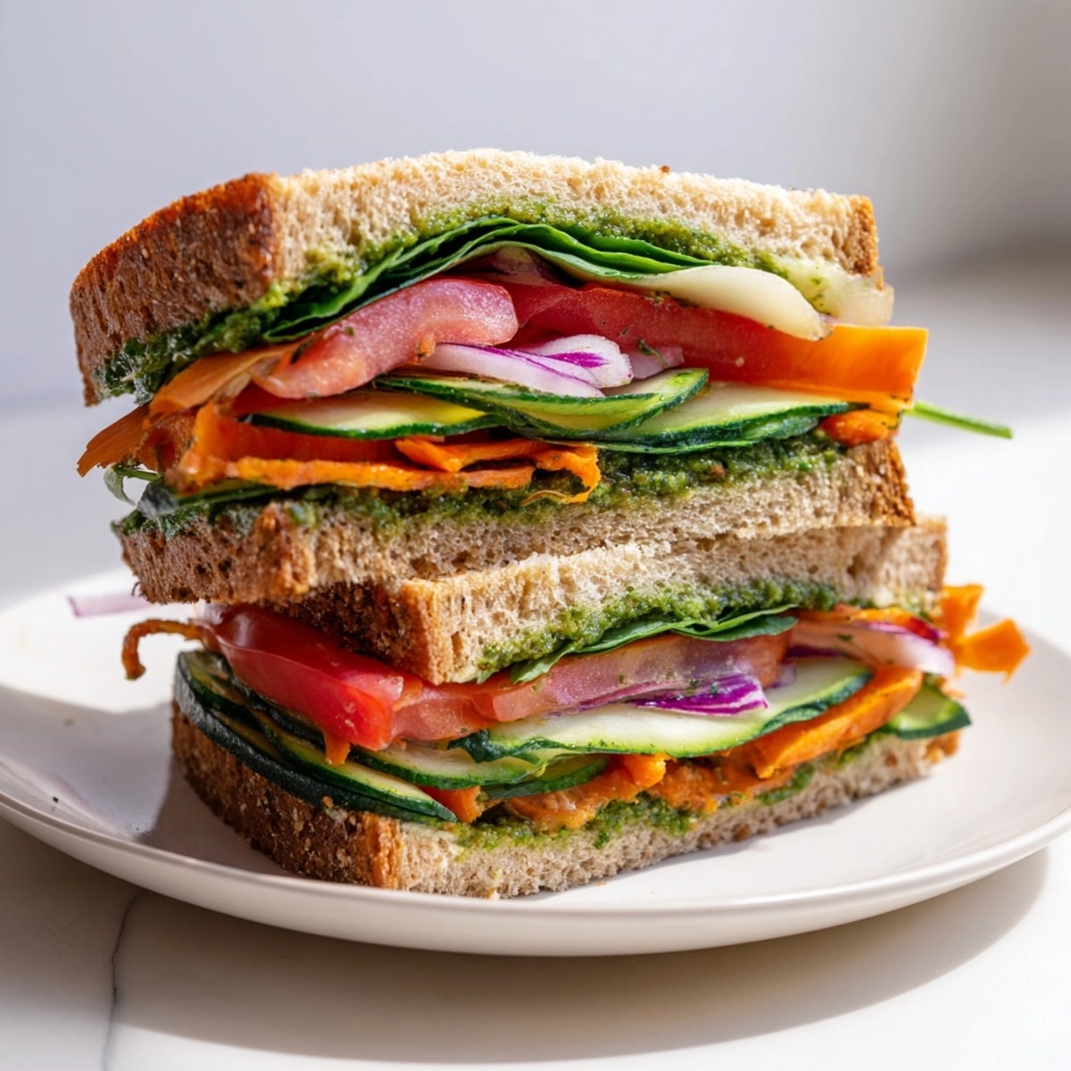 Homemade Veggie Pesto Sandwich recipe: See vibrant layers of zucchini, peppers, and spinach under pesto.