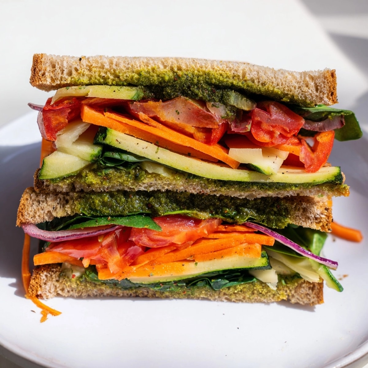 Close-up of a flavorful Veggie Pesto Sandwich, showcasing the simple, satisfying ingredients with fresh herbs.