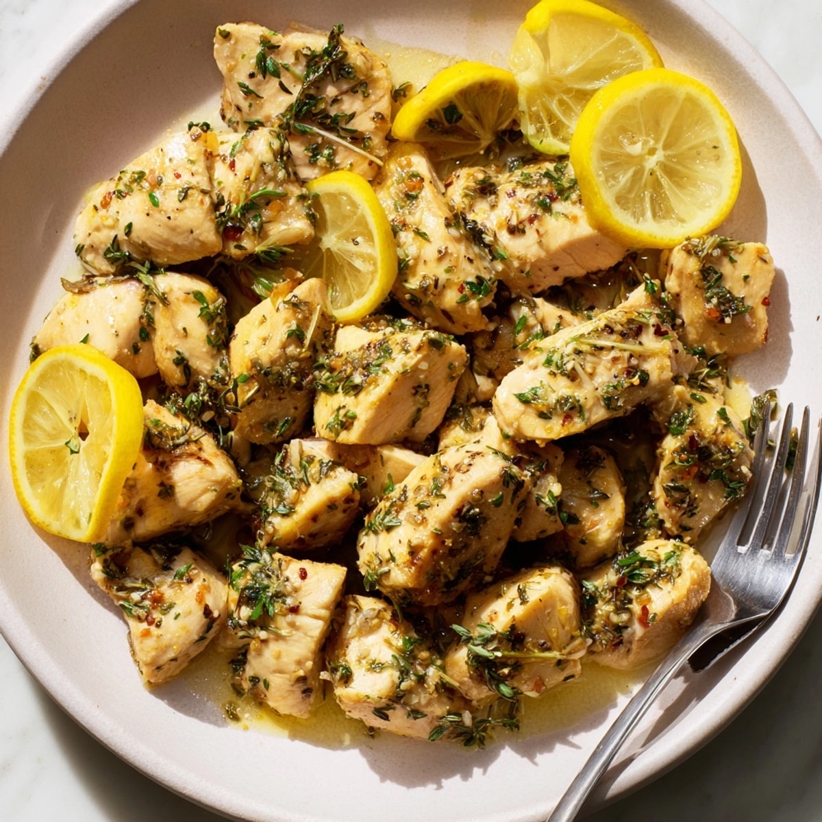 Golden roasted Lemon Herb Chicken, glistening with marinade; ready for dinner alongside bright vegetables.