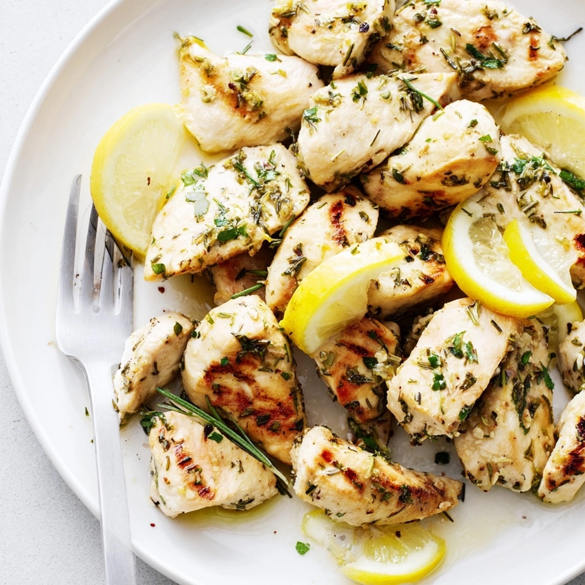 Juicy Lemon Herb Chicken recipe: A flavorful close-up showing crispy browned edges, herbs, and lemon slices.