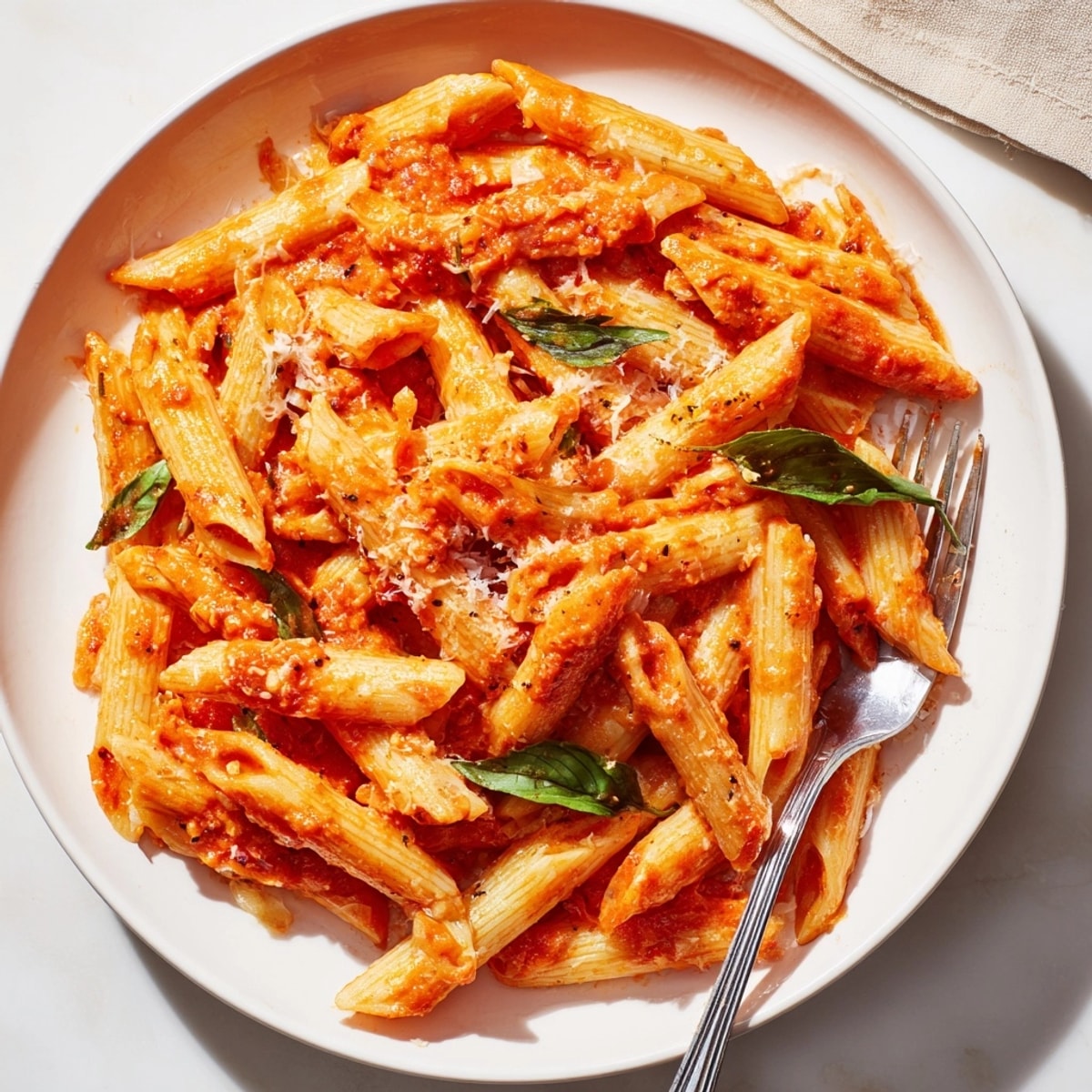 Creamy Tomato Pasta: Twirling penne coated in a rich, vibrant sauce, garnished with basil.