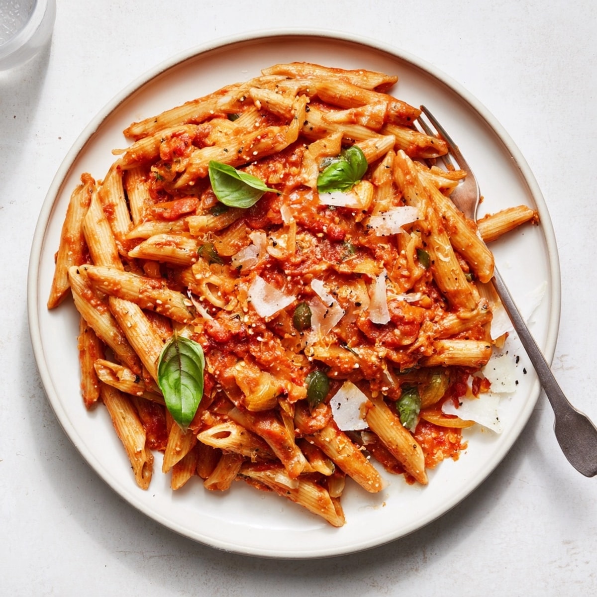 Close-up of Creamy Tomato Pasta, steam rising, hinting at its warm, comforting flavors.