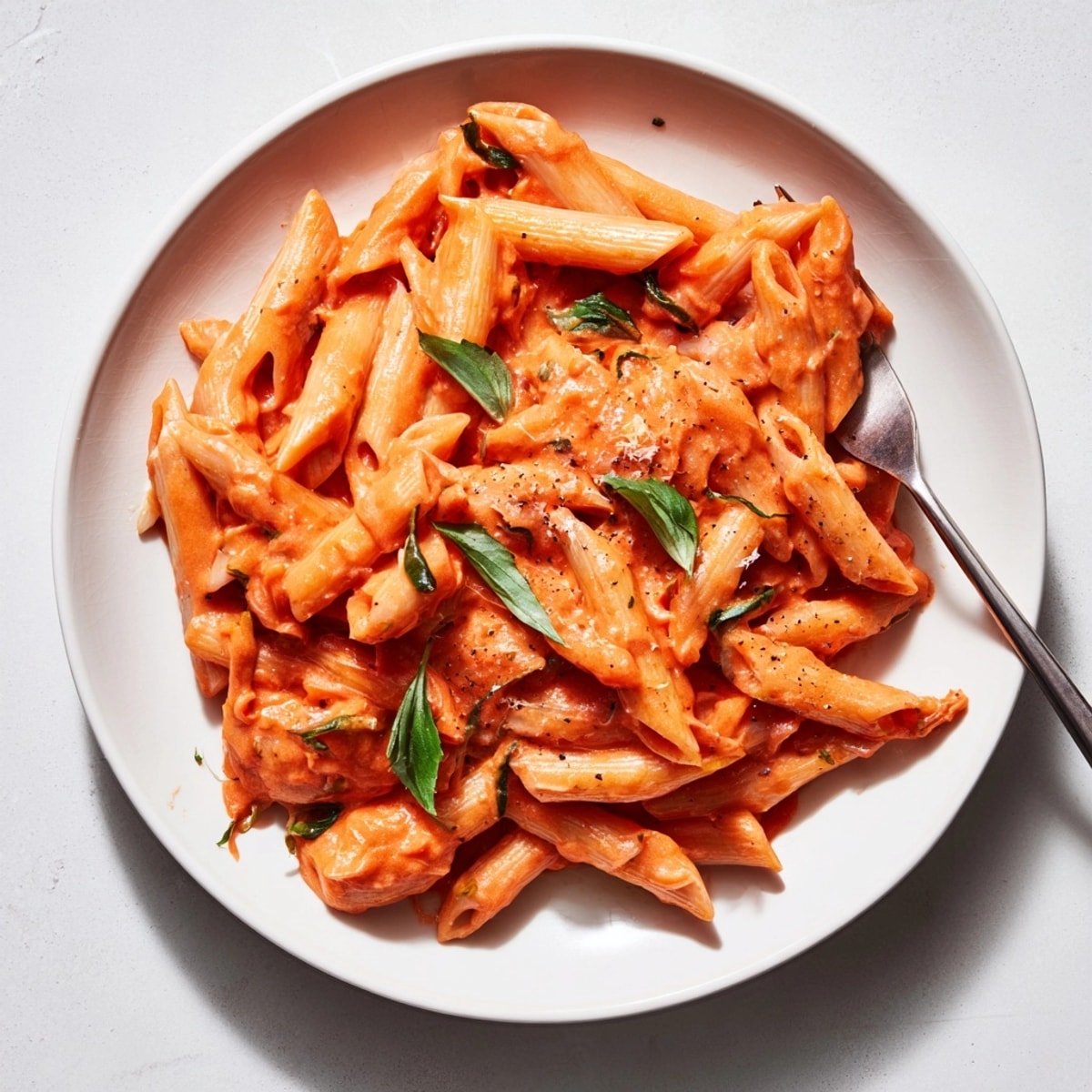 Bowl of Creamy Tomato Pasta ready to be served, dusted with fresh parmesan cheese.