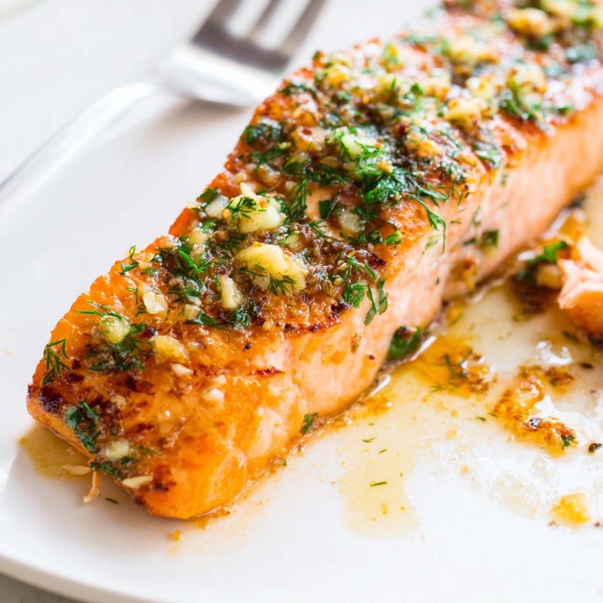 Golden Garlic Butter Salmon recipe, showcasing glistening fish bathed in herbed sauce.