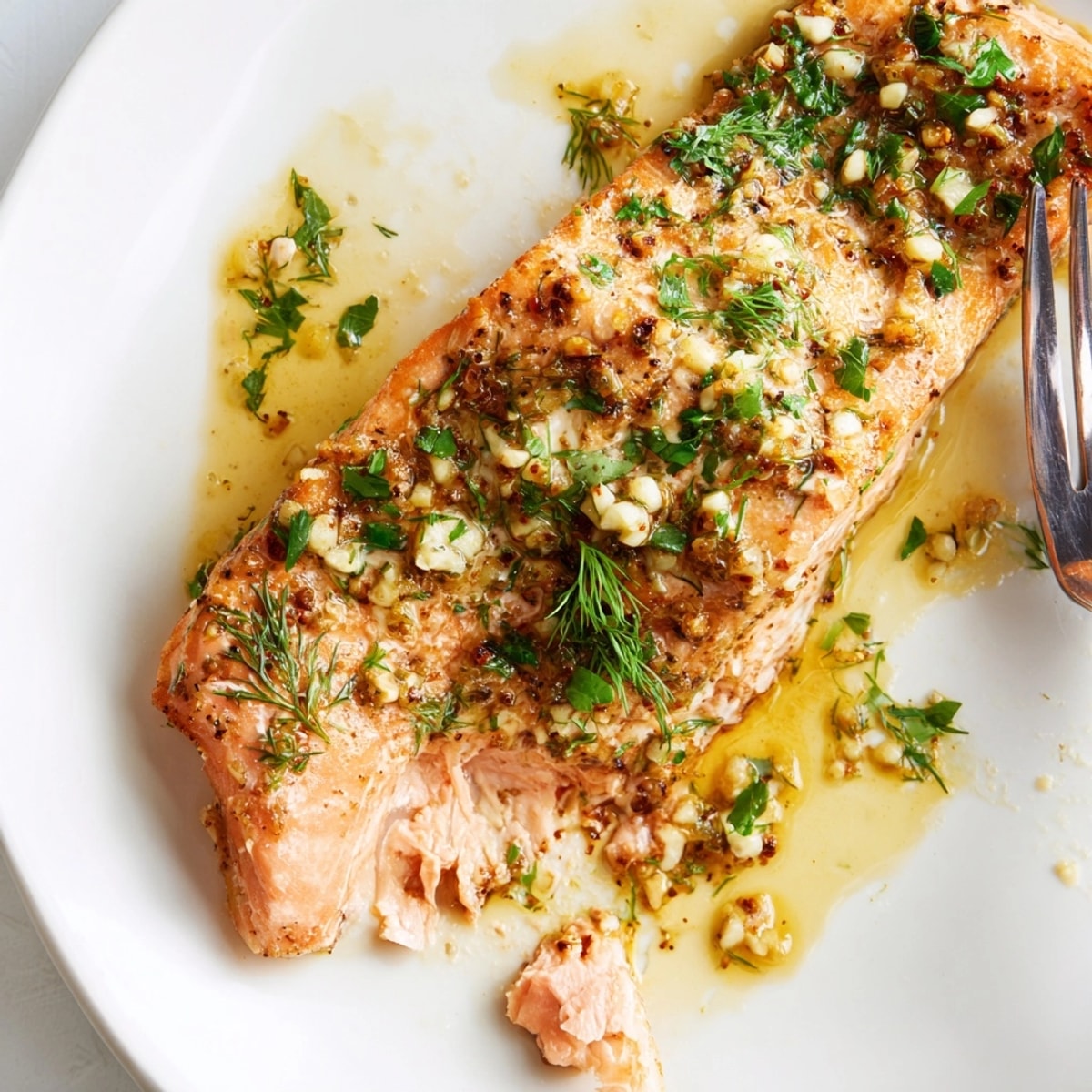 Pan-seared Garlic Butter Salmon recipe, perfect flakes and savory aromas wafting up.
