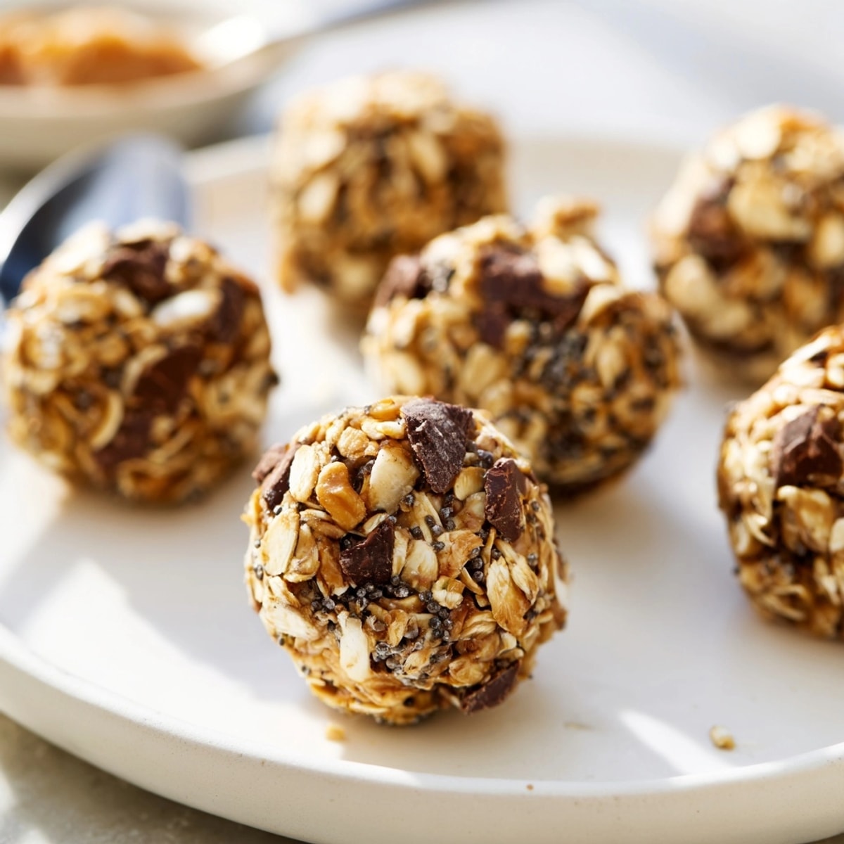 Close-up of delicious no-bake Energy Oat Bites, speckled with chocolate, ready to grab.