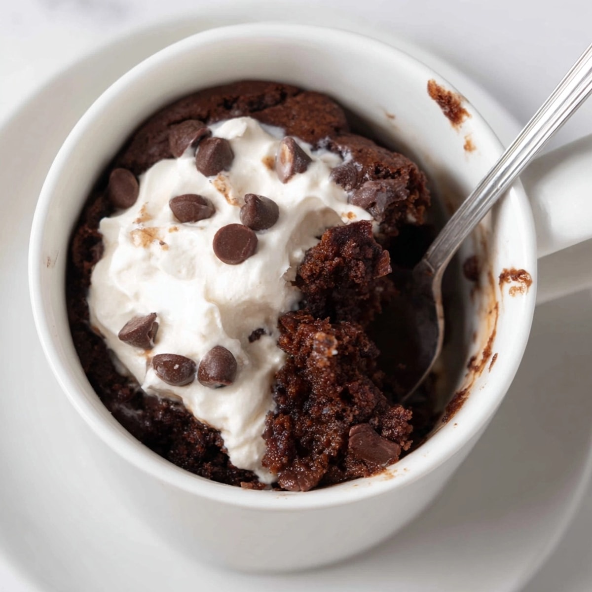 Warm, gooey Chocolate Mug Cake, golden brown and topped with melting ice cream.