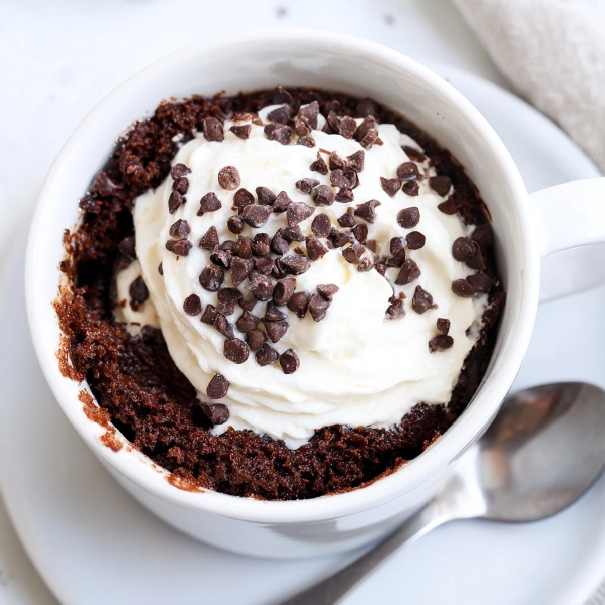 Microwaved Chocolate Mug Cake ready for a spoon: easy dessert in minutes.