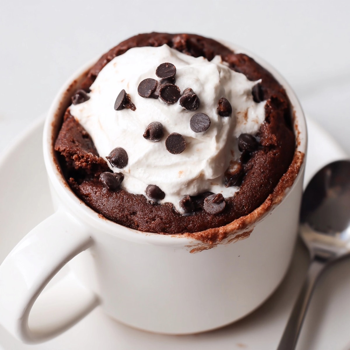 A single-serving Chocolate Mug Cake in a cozy mug, light steam rising up.