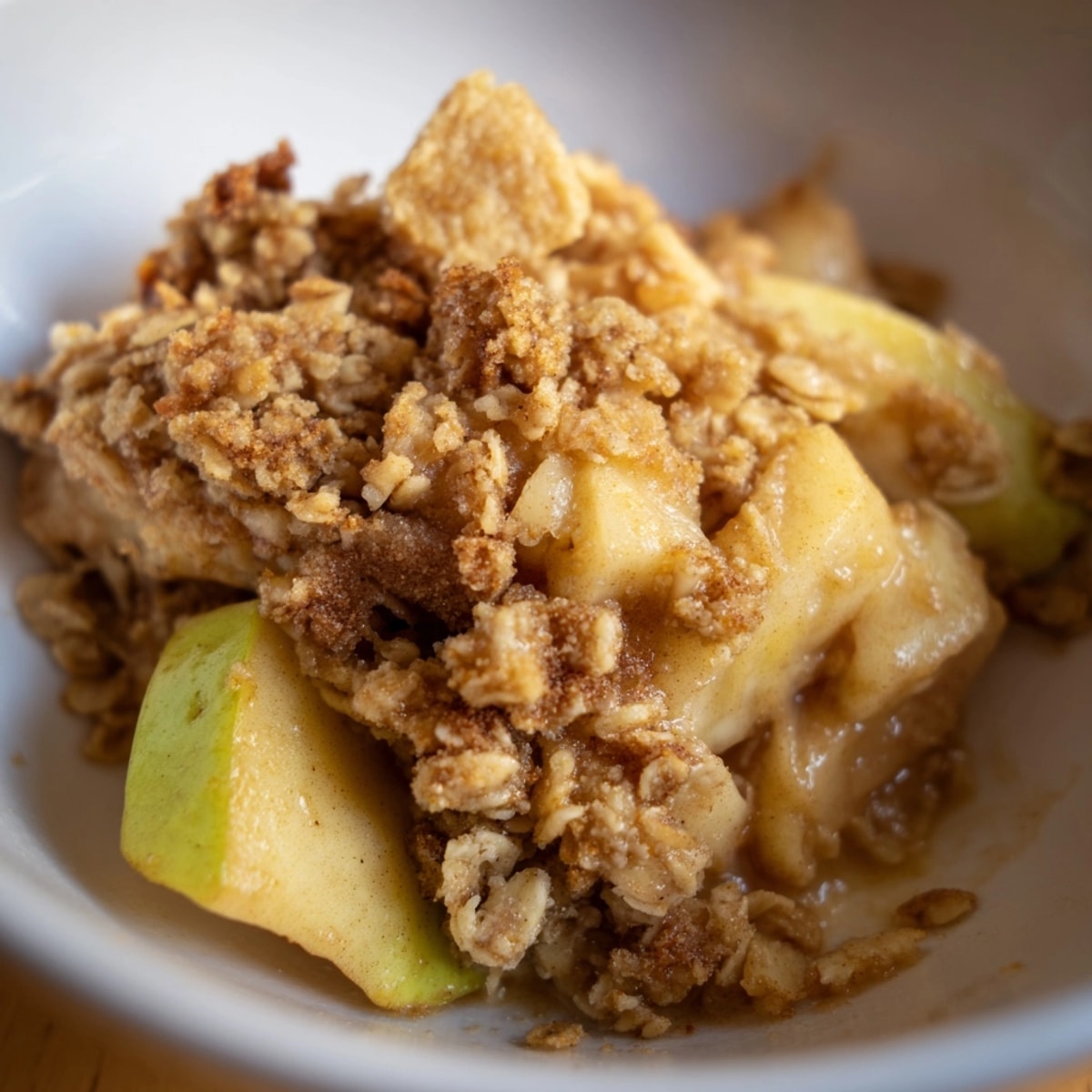Golden Cinnamon Apple Crisp bubbling warmly, served in a baking dish, ready to eat.