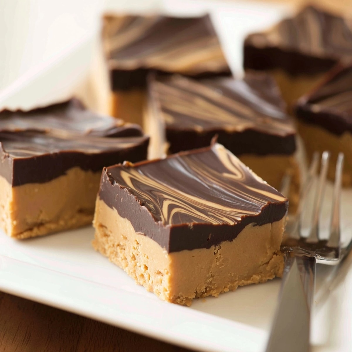 Golden Peanut Butter Fudge Bars, sliced and ready to serve, with a rich chocolate topping.
