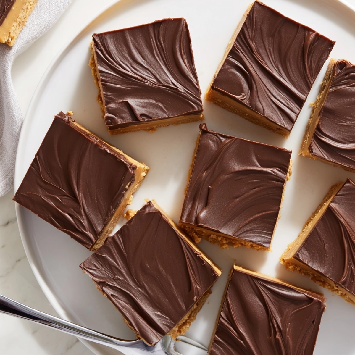 Close-up of homemade Peanut Butter Fudge Bars showing layers of peanut butter and fudge.