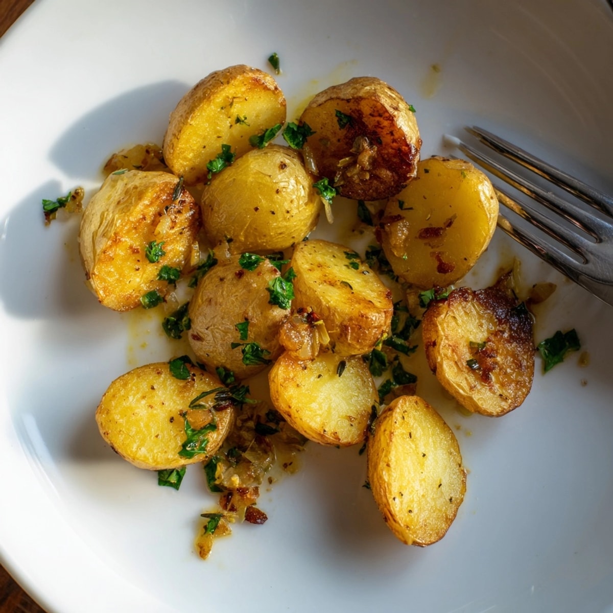 Golden Garlic Roasted Potatoes glistening with herbs roasted until crispy, ready for serving.