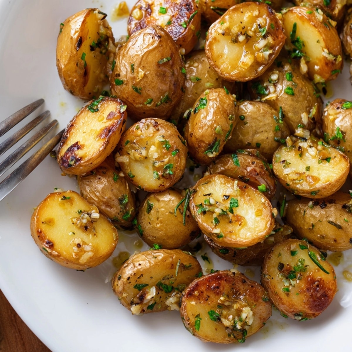 Overhead shot: Perfectly browned Garlic Roasted Potatoes seasoned with fragrant rosemary and garlic.