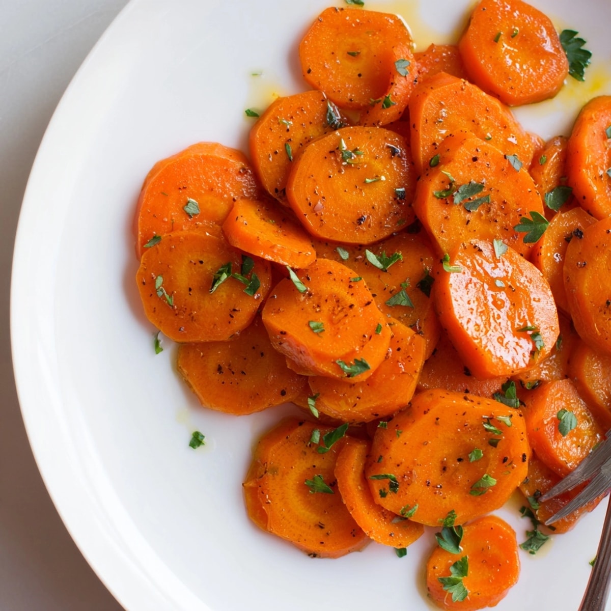 Golden Honey Glazed Carrots sizzle in a skillet, gleaming with sweet butter and honey.