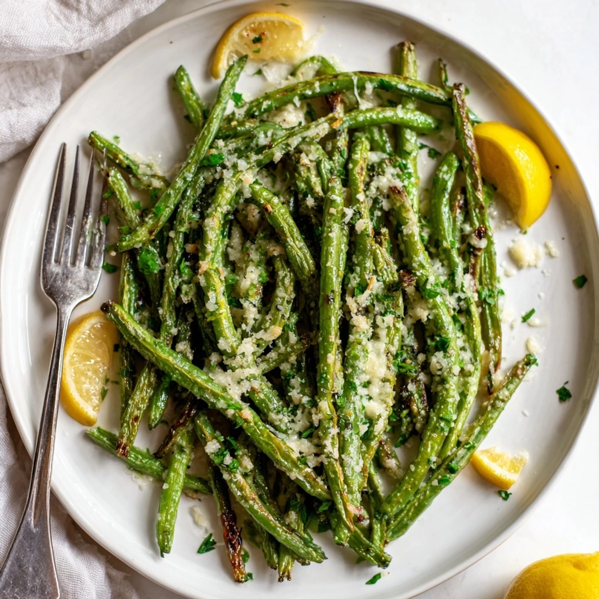 Crisp-tender Parmesan Green Beans, seasoned and sprinkled with freshly grated Italian cheese.