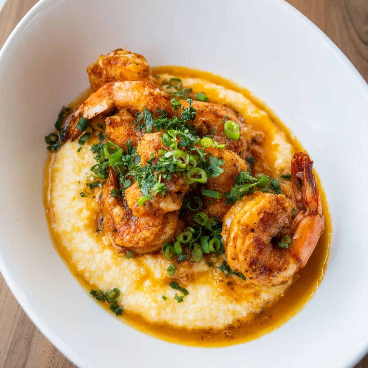 Close-up of Spicy Cajun Shrimp and Grits: creamy grits topped with beautifully seasoned shrimp and fresh garnishes.