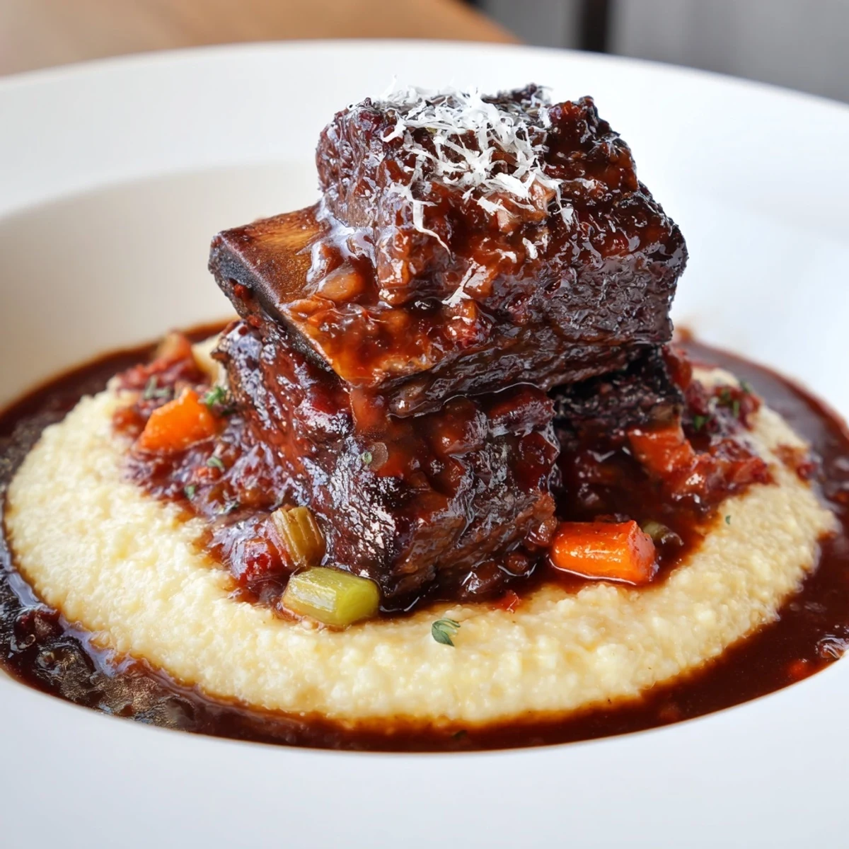 Close-up of braised beef short ribs on polenta, showcasing the fall-off-the-bone tenderness of the dish.