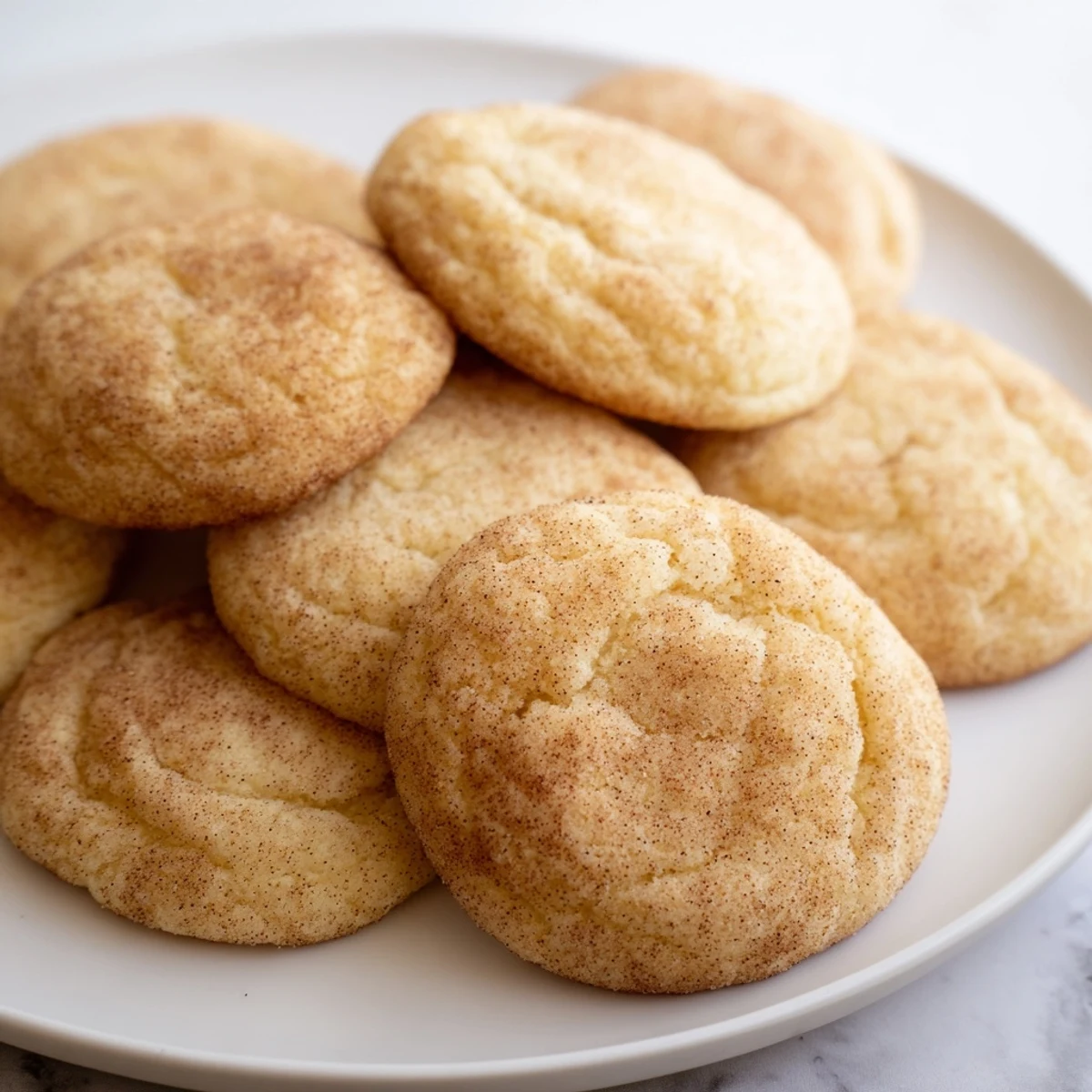 Golden-brown Soft and Chewy Snickerdoodles, fresh from the oven, coated in sparkling cinnamon sugar.