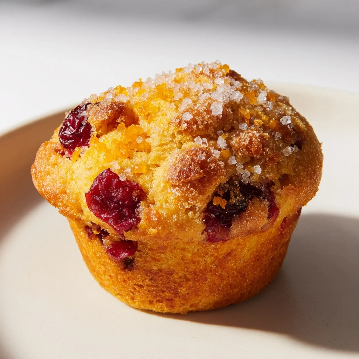 Fluffy orange cranberry muffin tops, golden brown and sprinkled with coarse sugar, ready to enjoy.