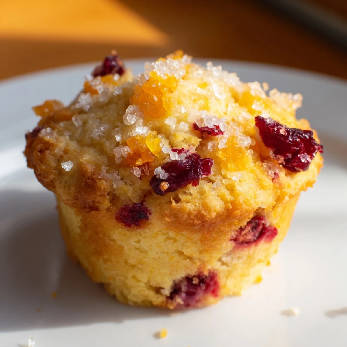 A close-up of freshly baked orange cranberry muffin tops, showcasing juicy cranberries and bright zest.
