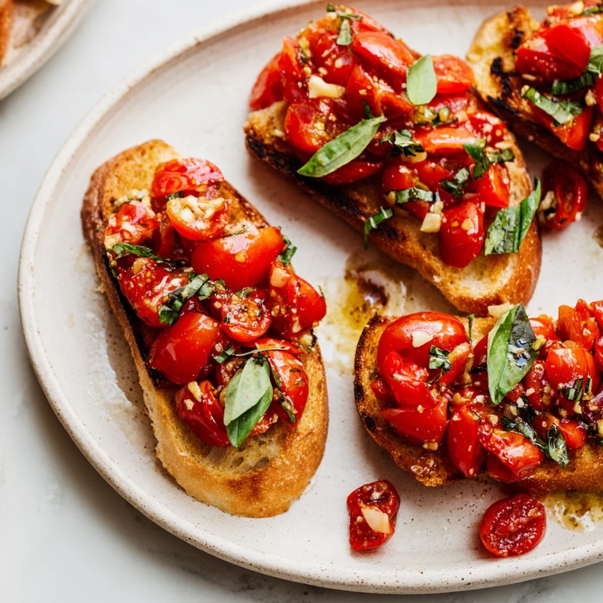 Golden toasted bread slices topped with vibrant Roasted Garlic and Tomato Bruschetta, ready to enjoy.