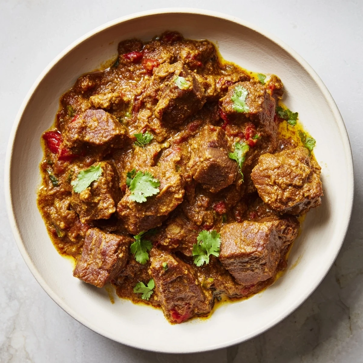 Tender beef curry, a rich and spiced Indian dish, served steaming with fresh cilantro and rice.