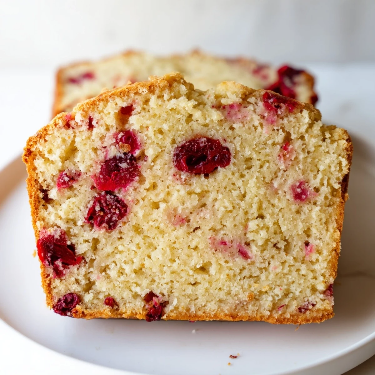 Golden-brown slice of cranberry bread, speckled with tart cranberries, ready to enjoy.