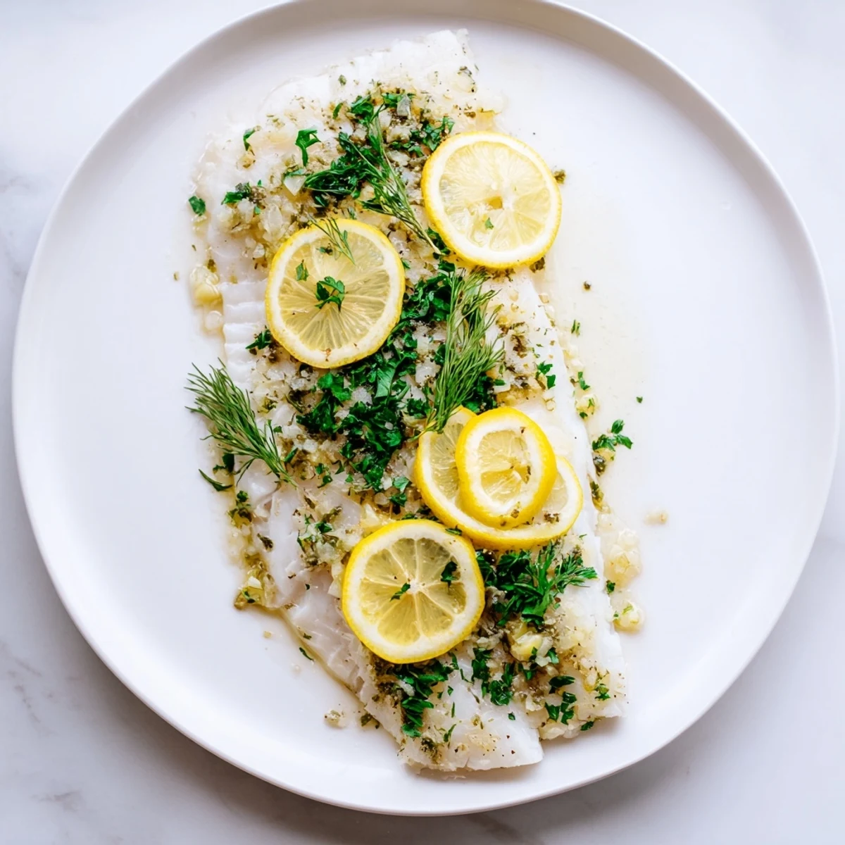 Golden-brown baked fish fillets, topped with lemon slices and herbs, ready to serve.