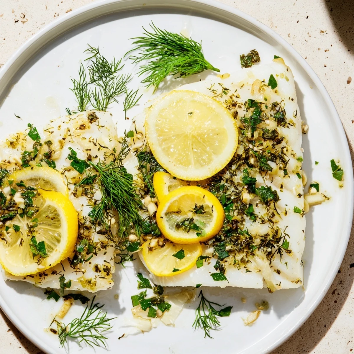 Tender baked fish featuring flaky white fillets with fresh parsley and a lemon garnish.
