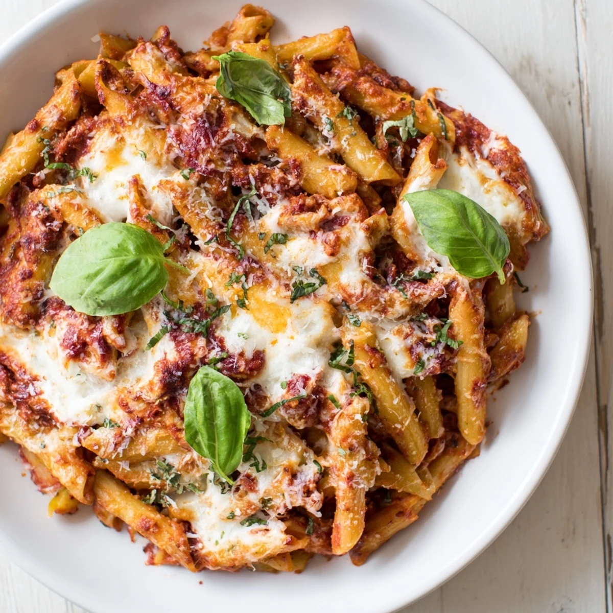 Golden-brown, cheesy Baked Ziti, fresh from the oven, offering a delicious, comforting vegetarian meal.