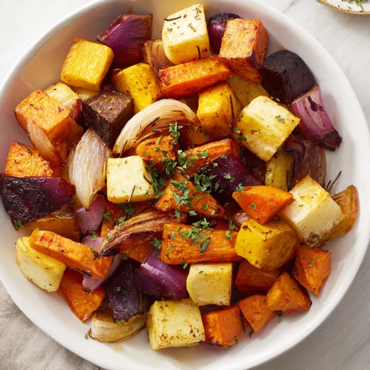 Vibrant Roasted Root Vegetable Medley, caramelized edges, warm herbs, ready to serve as a colorful side.