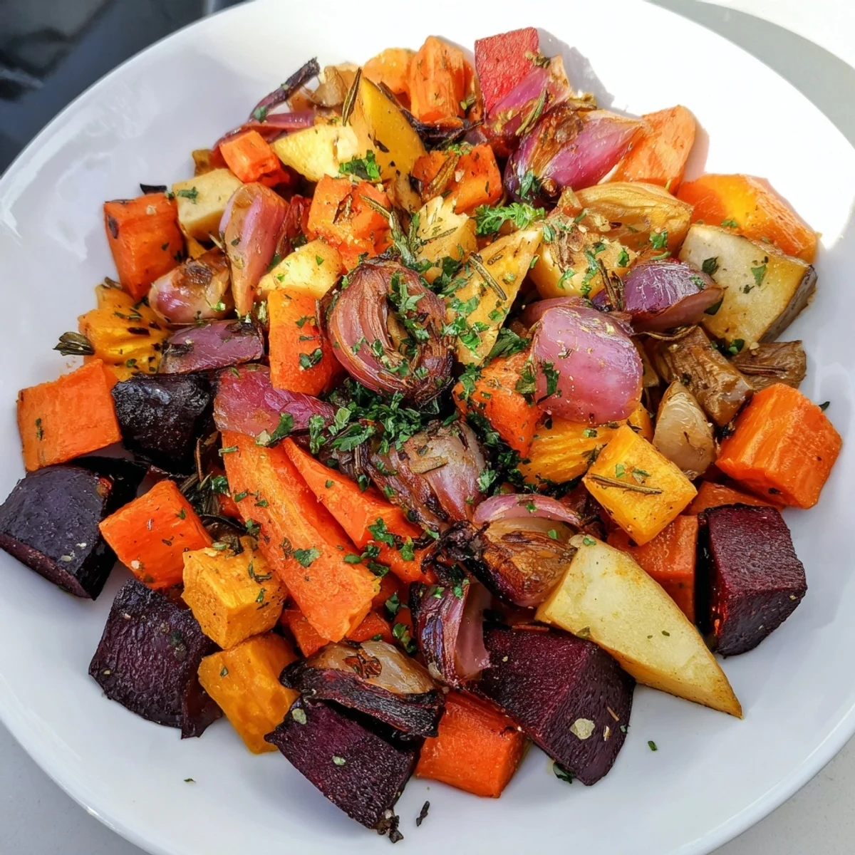 Golden-brown Roasted Root Vegetable Medley, glistening with olive oil, inviting aroma, perfect for fall dinners.