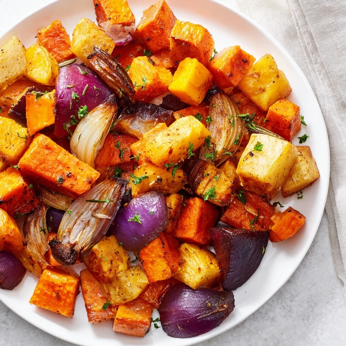 A close-up shot of the Roasted Root Vegetable Medley, showcasing tender, savory pieces, ideal side dish.