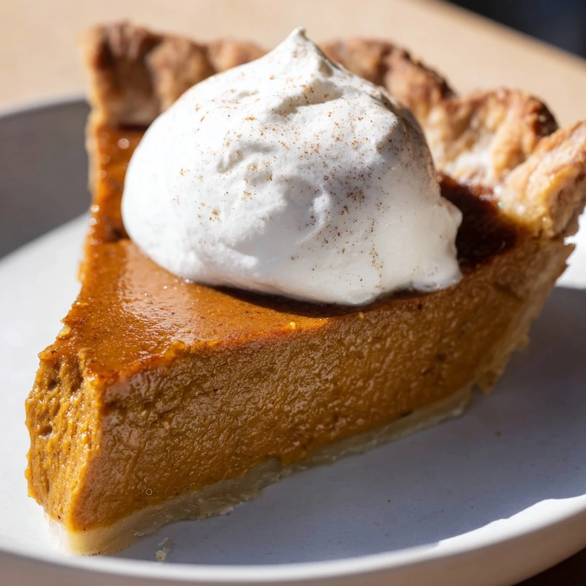Warm slices of Spiced Pumpkin Pie topped with fluffy whipped cream offer autumn flavors.