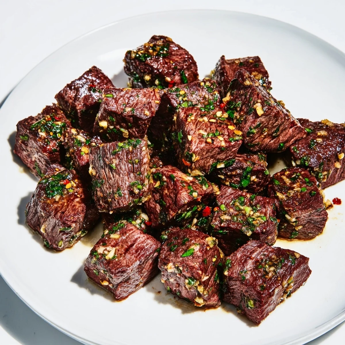 A close-up of sizzling Garlic Butter Steak Bites, ready to enjoy with a burst of parsley.
