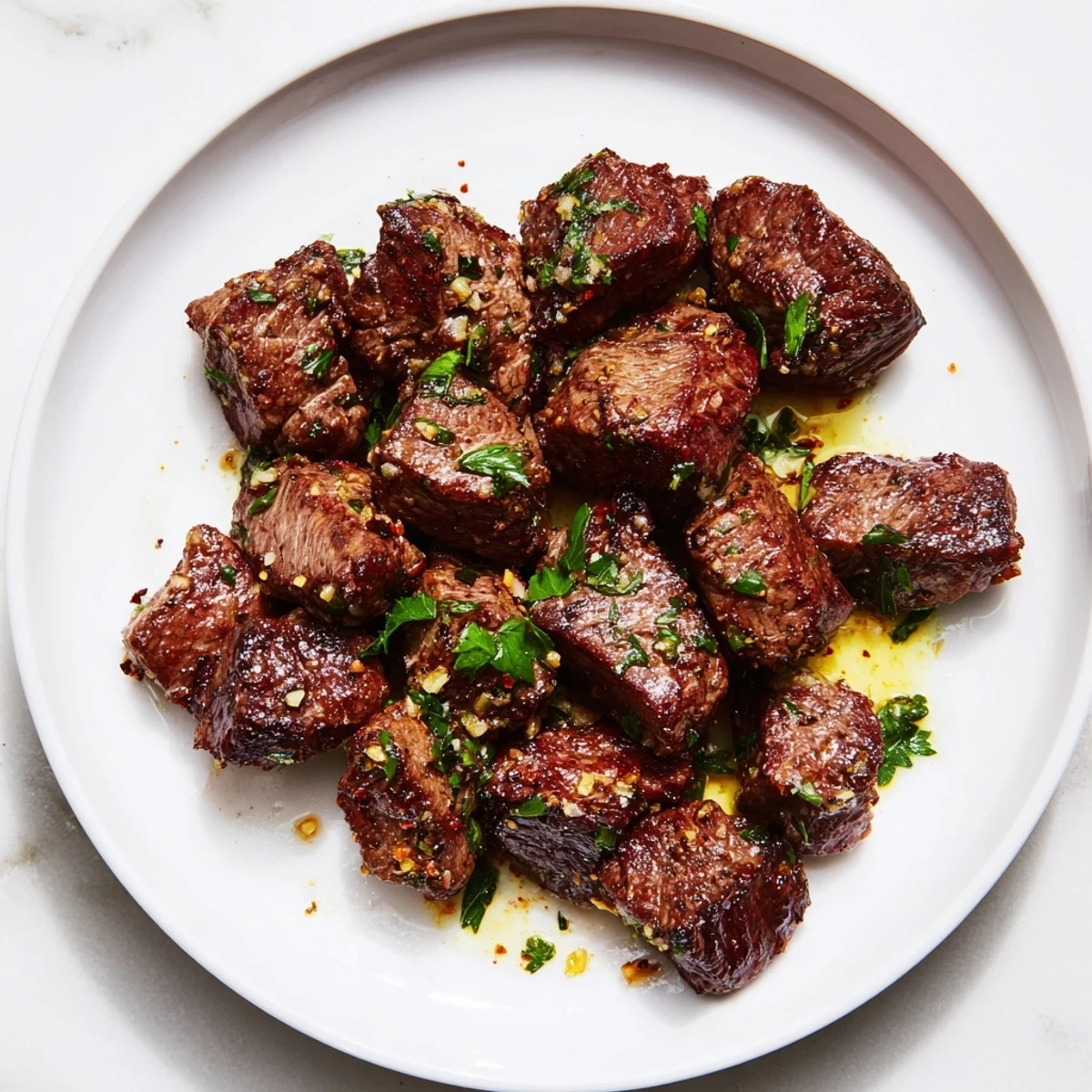 Golden-brown Garlic Butter Steak Bites glistened, richly coated in flavorful garlic butter sauce.