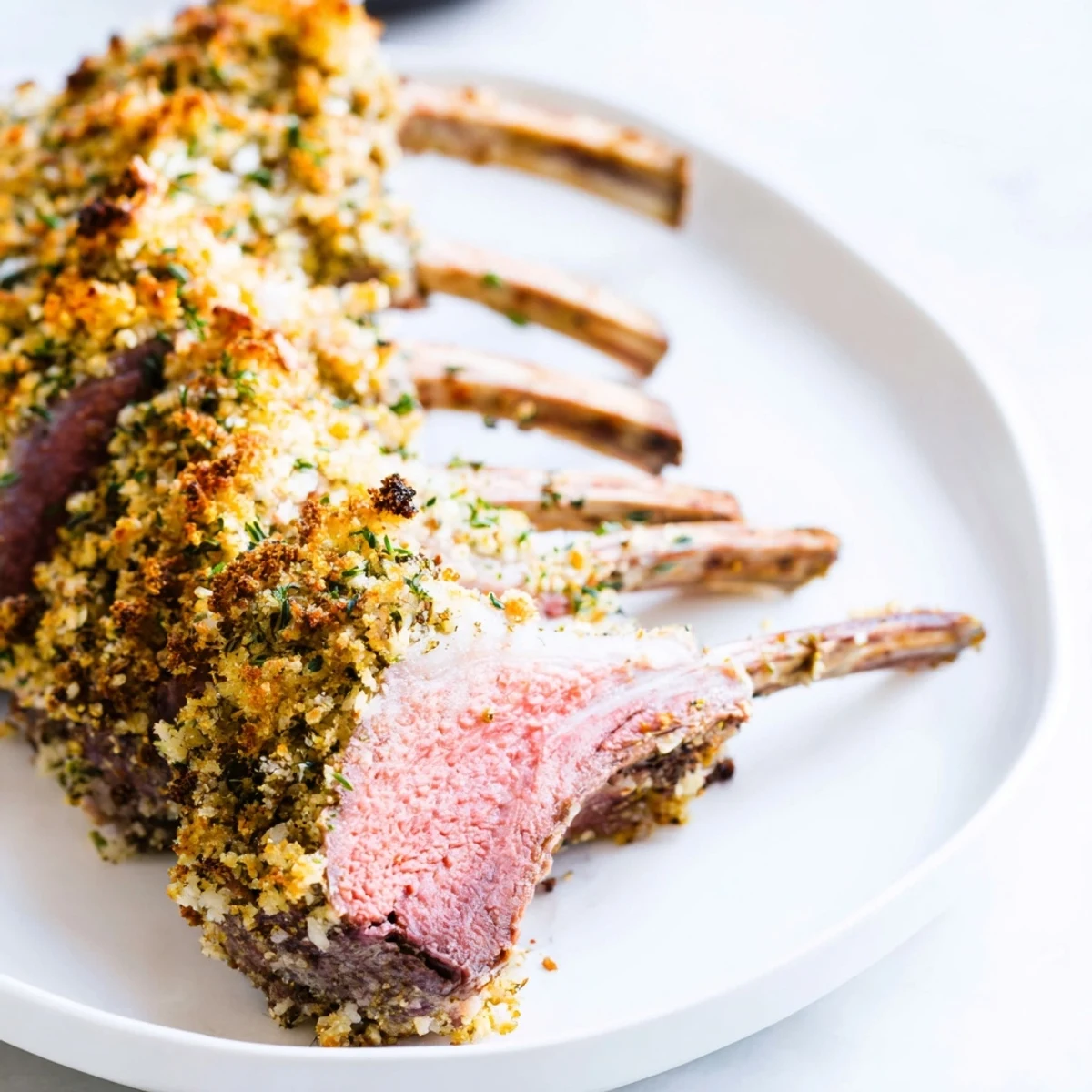 Herb crusted rack of lamb, with a golden herb crust, ready to be sliced for a special occasion.