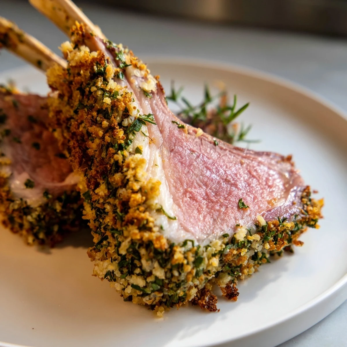 Close-up of the elegant herb crusted rack of lamb ready to eat, served with roasted vegetables.