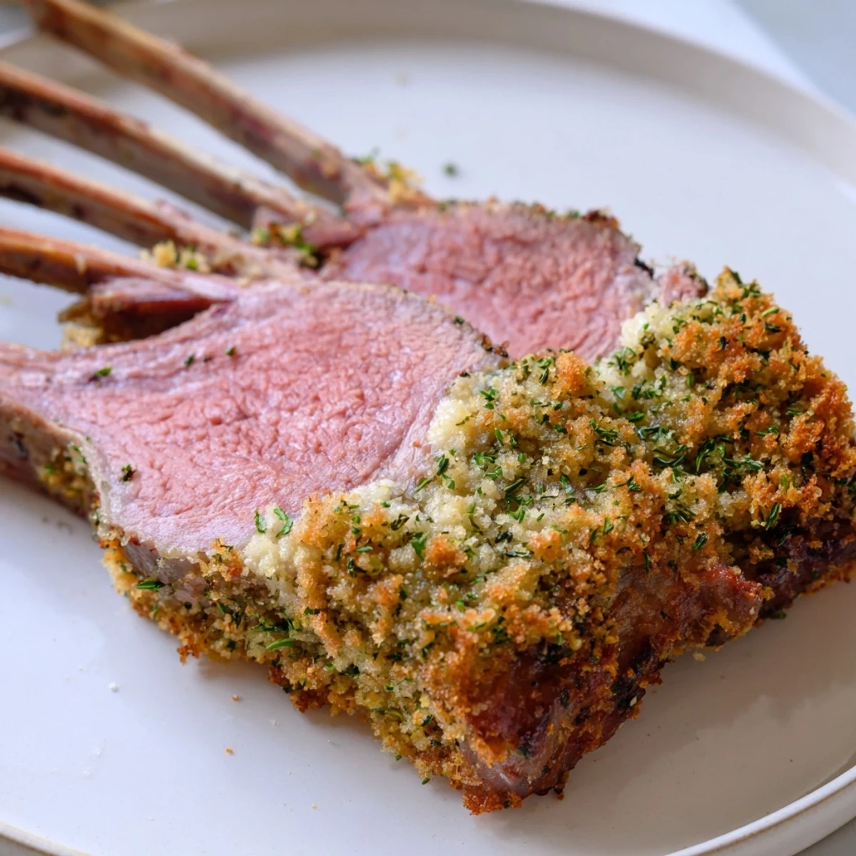 Perfectly roasted herb crusted rack of lamb, presenting a juicy pink interior.