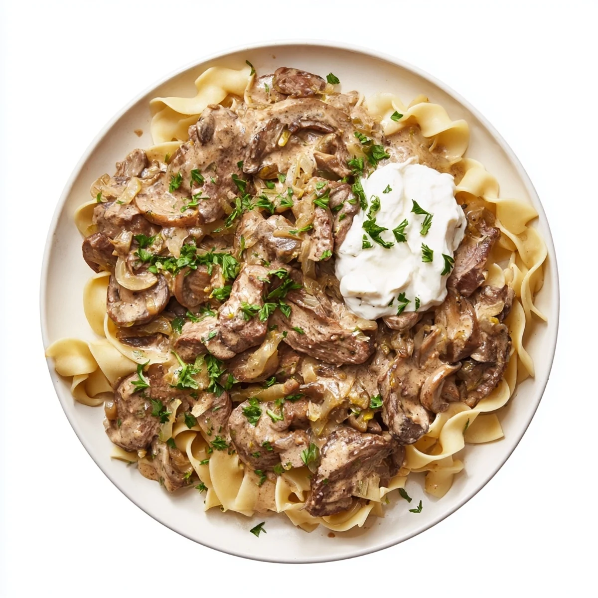 Savory Beef and Mushroom Stroganoff served over fluffy noodles, a classic comfort food meal.