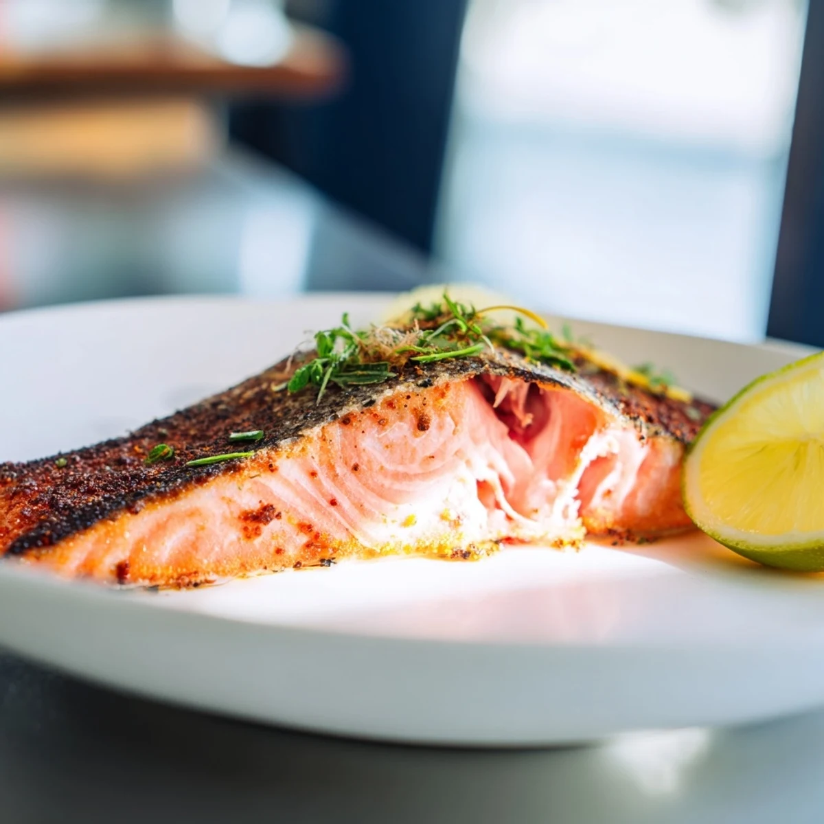 Succulent, flaky pan seared salmon, with perfect crispy skin, plated for a fresh meal.