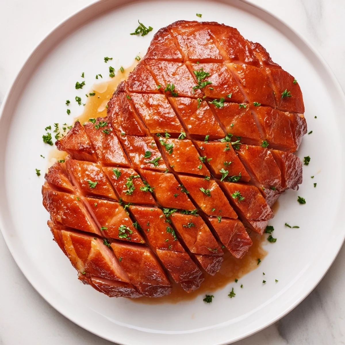 Savory baked turkey ham slices, brushed with a sweet glaze, ready to serve on a platter.