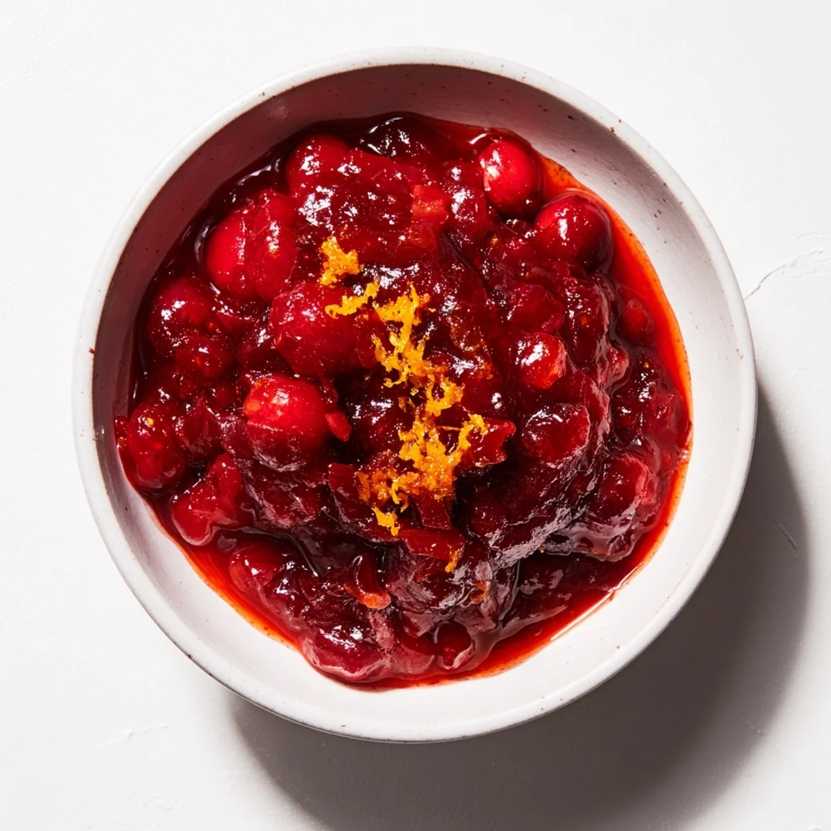 This bright, jewel-toned cranberry sauce simmers, promising a sweet and tart flavor explosion.